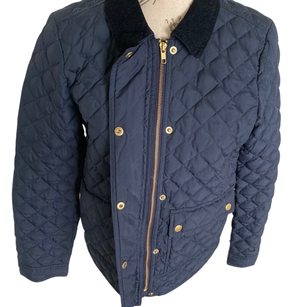 J. Crew Barn Quilted down Jacket Coat size S Navy Blue Corduroy collar Preppy - Picture 11 of 17